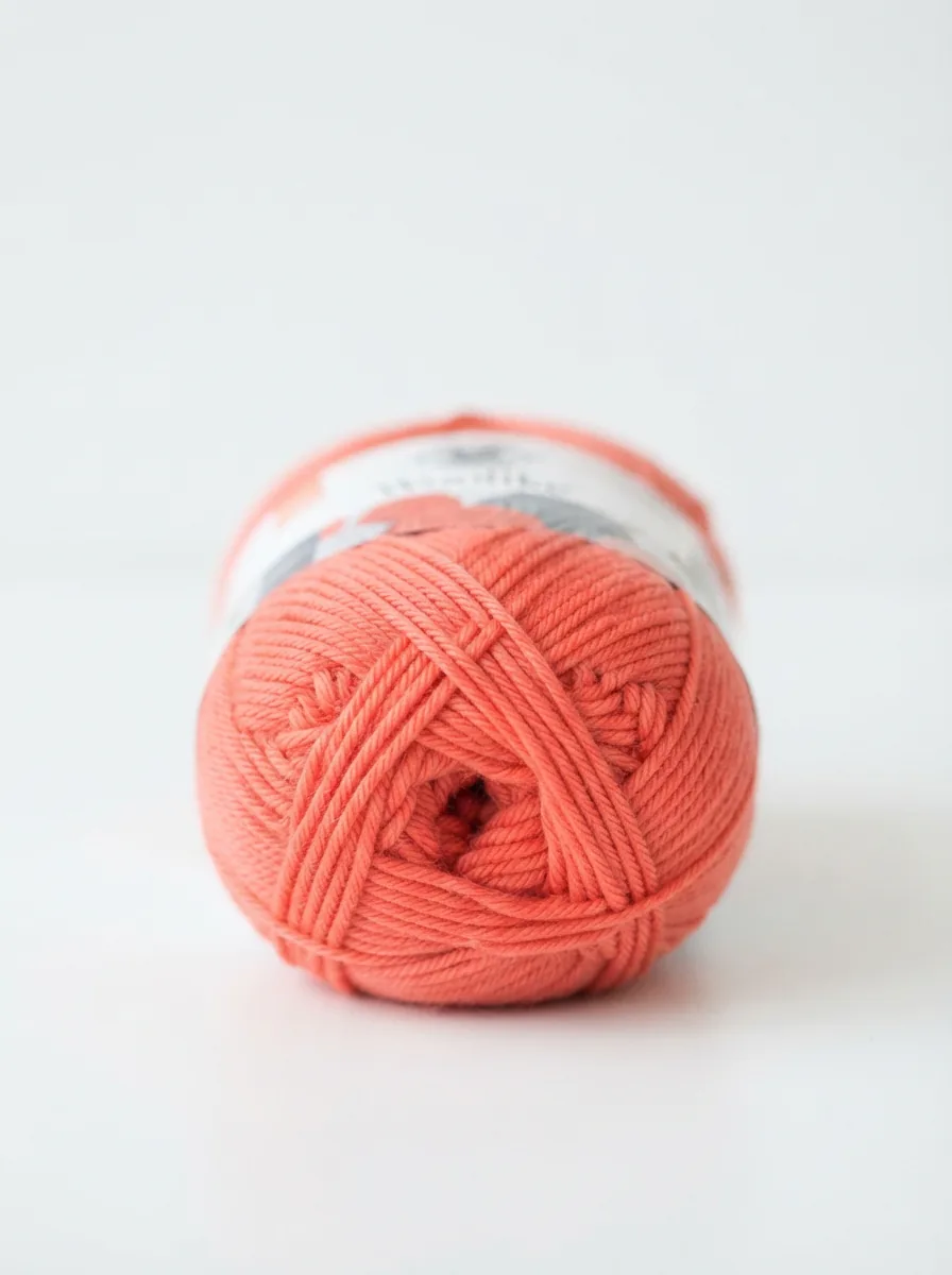 A centered, front-facing view of a full ball of Loops & Threads Woolike yarn in a vibrant coral color.