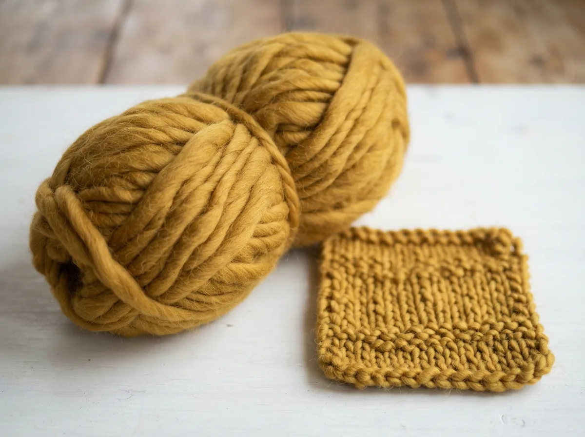 A large skein of Barcelona Roving Yarn in Mustard, with a sample knitted swatch beside it.