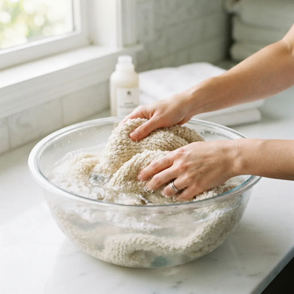 Hands gently hand-washing a knitted item made from Cozy Boucle yarn in a basin of cold water.