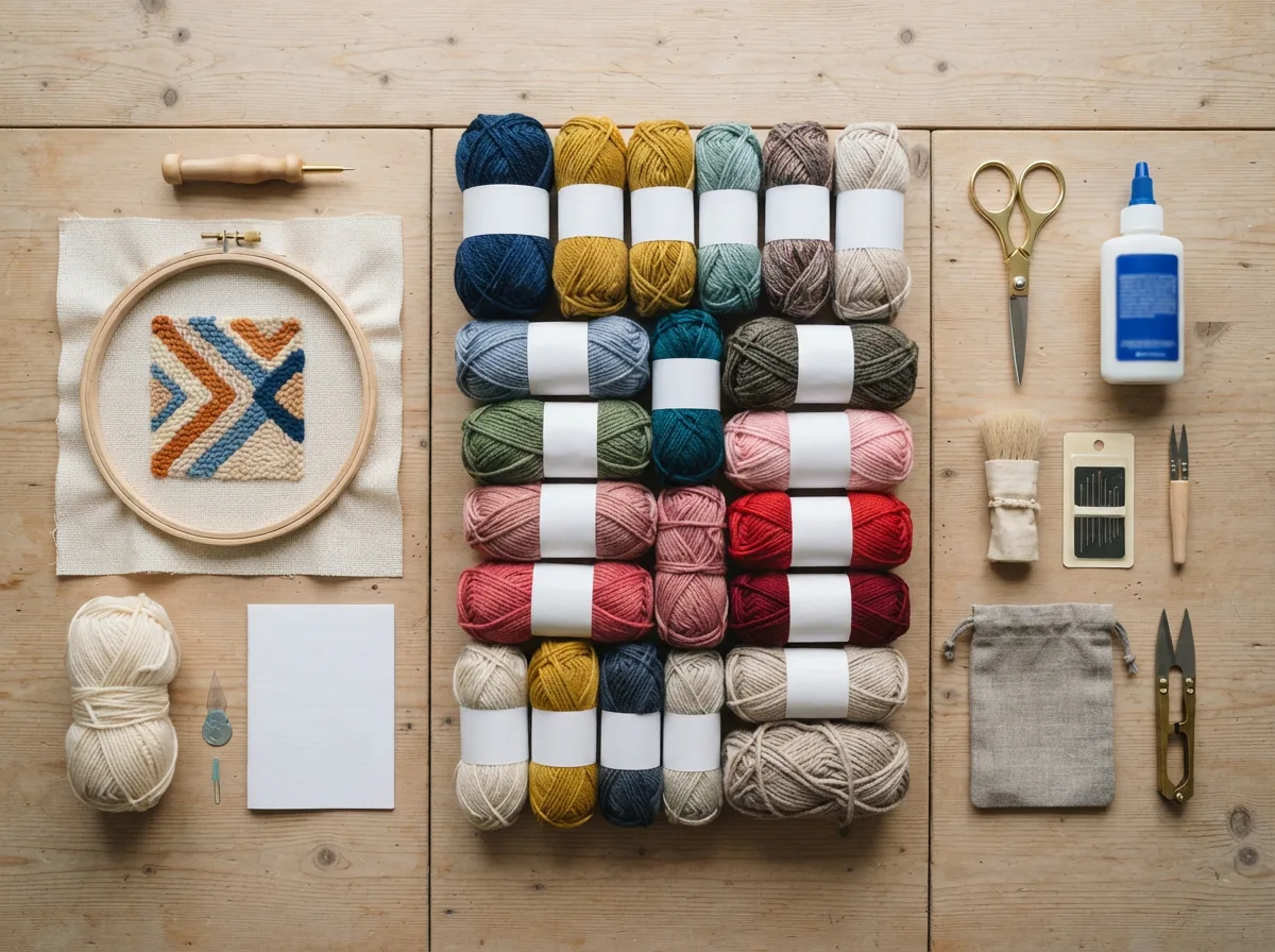 An organized display of punch needle categories: starter kits, yarn collections, and finishing supplies.