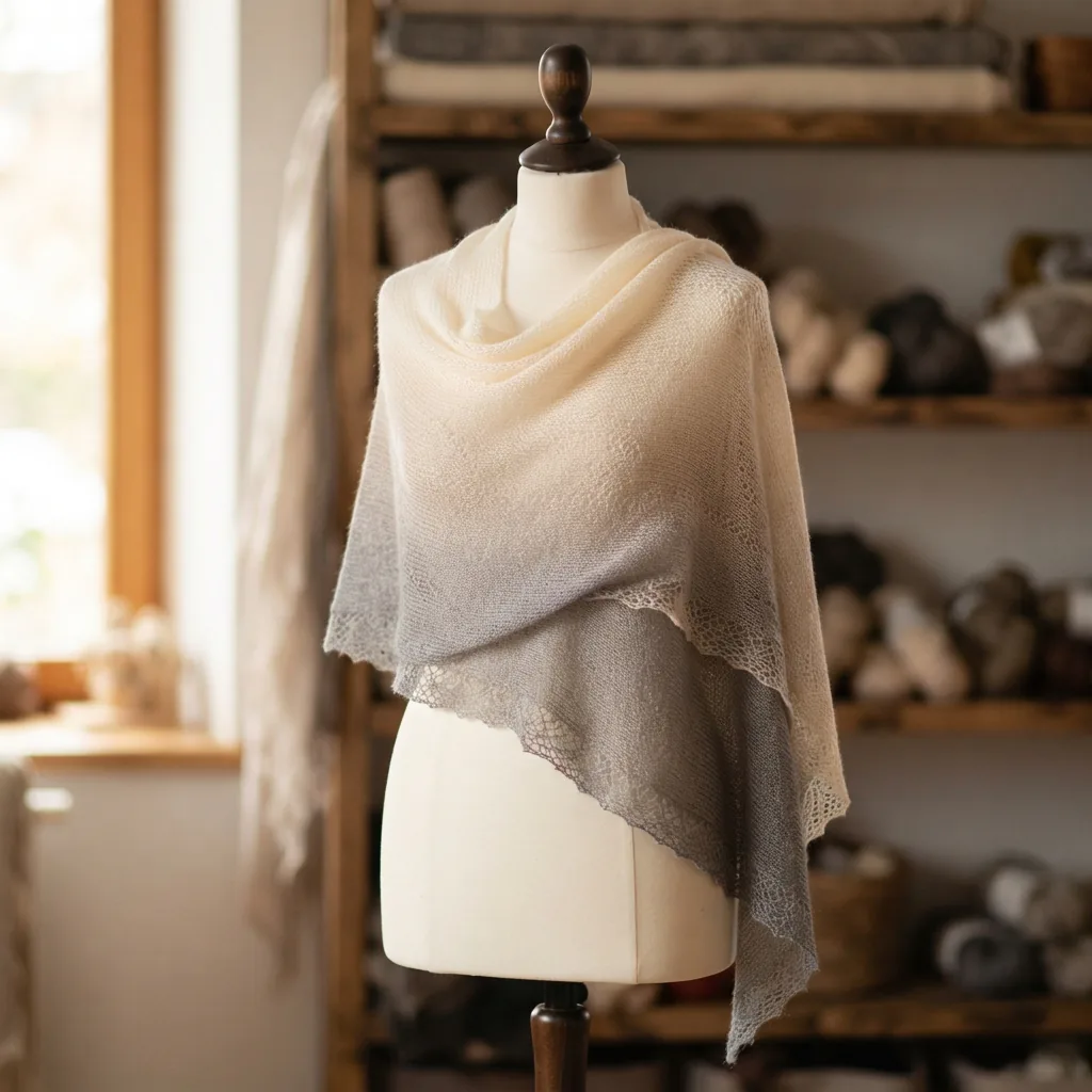 A delicate Ombre yarn shawl draped over a mannequin shoulder, showcasing its lightweight drape and color gradient.