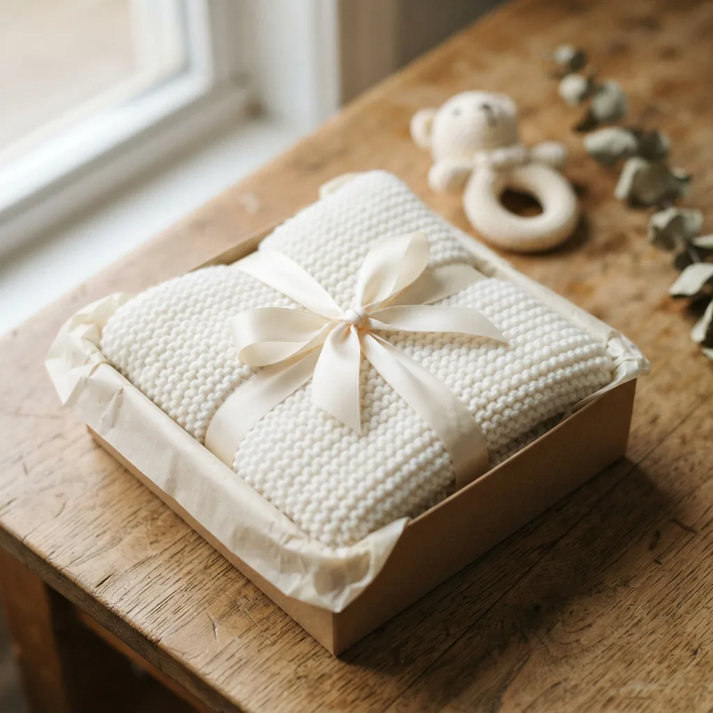 A soft, folded cotton baby blanket tied with a ribbon as a handmade gift.