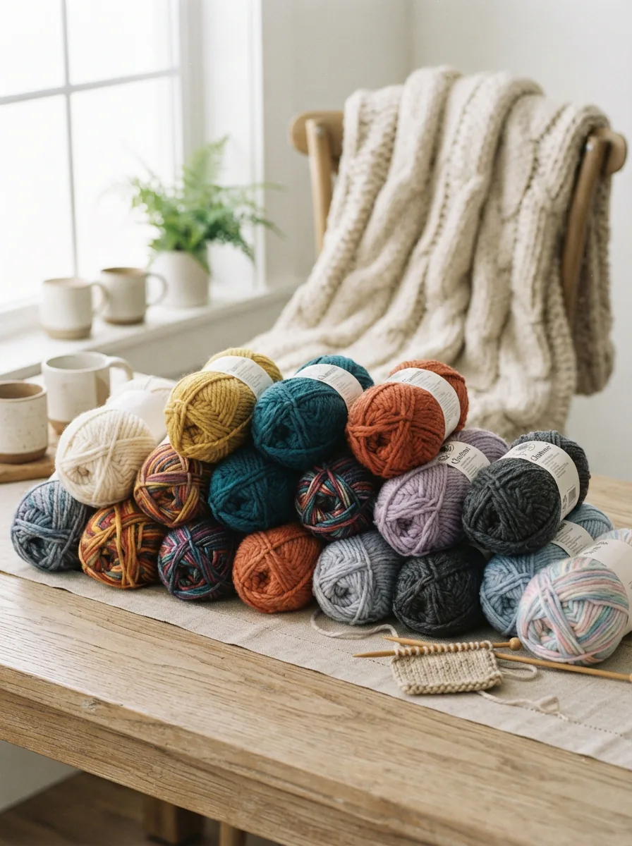 A curated display of Loops & Threads Charisma yarn skeins in assorted colors, with a cozy knitted blanket draped behind them.