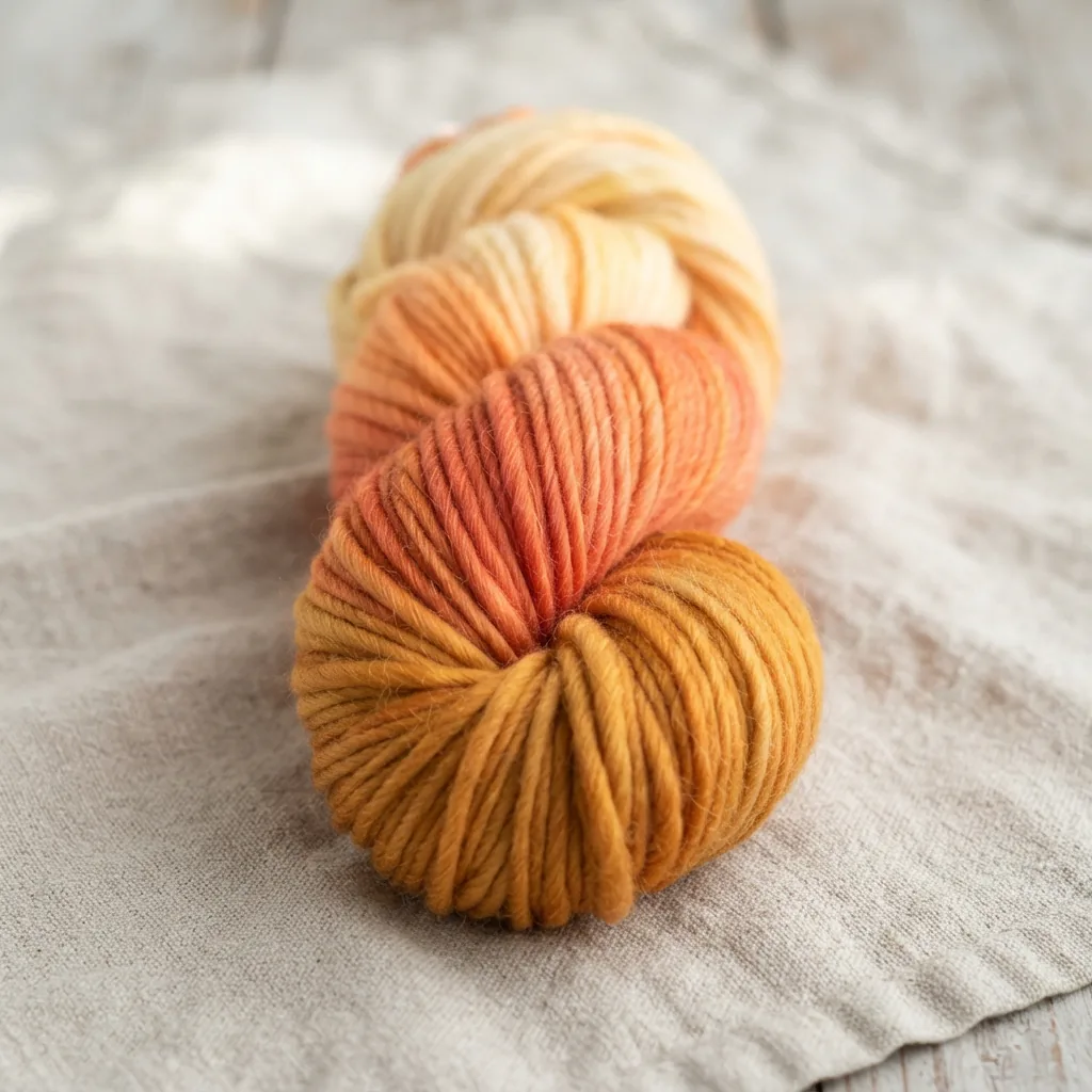 A single skein of Loops & Threads Country Loom Ombre Gradient Yarn in a sunset color palette.
