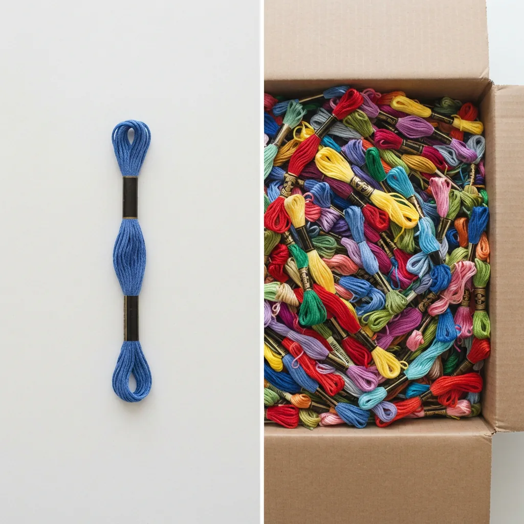 A comparison showing a single skein of floss next to a large bulk box of 100+ skeins.