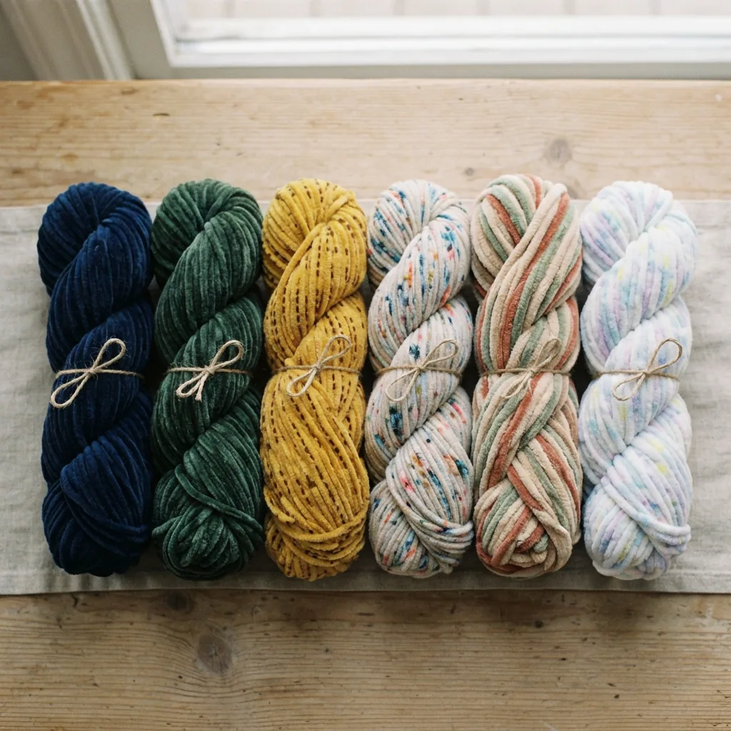 A lineup of chenille yarn skeins showing solid, semi-solid, and speckled color variations side-by-side.
