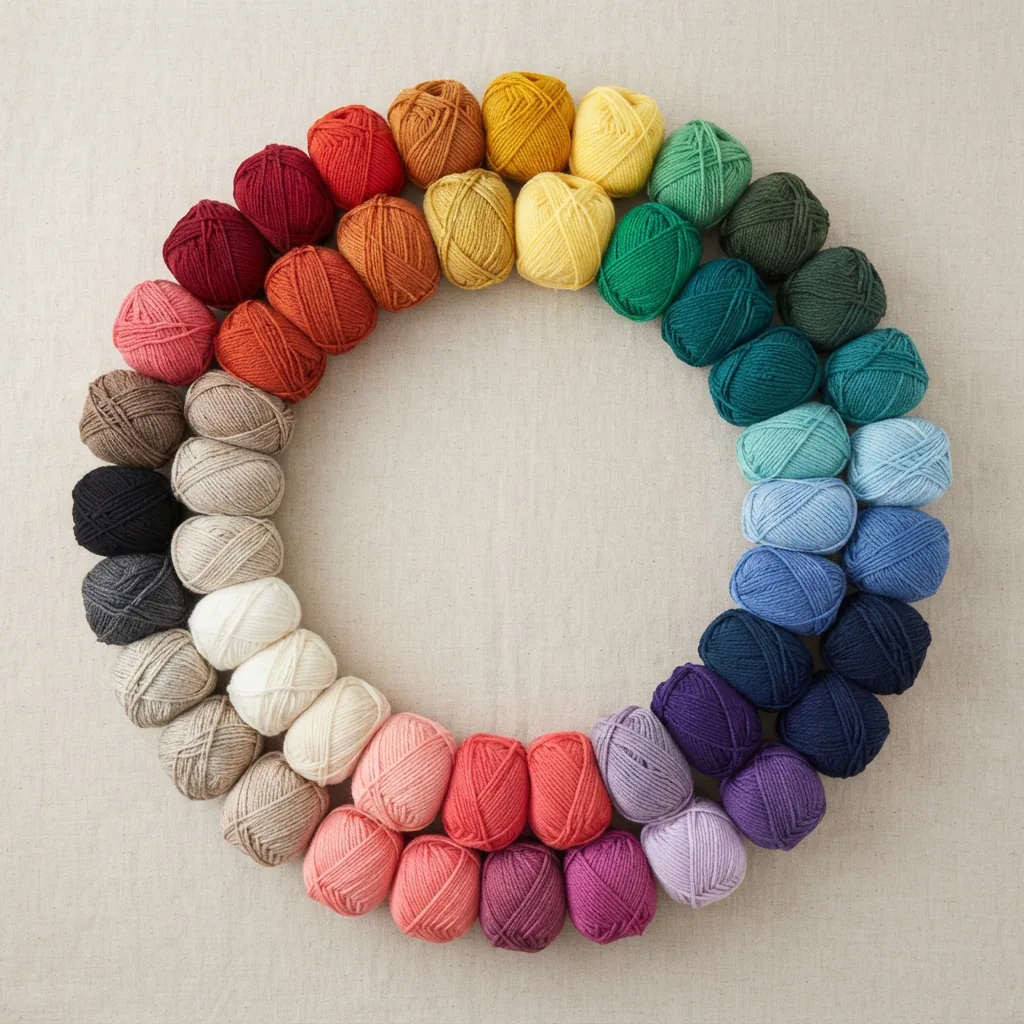 A color card or arranged group of yarn skeins displaying the variety of available colors.