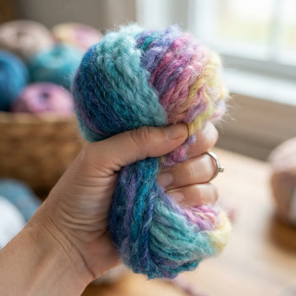 A hand gently feeling a skein of soft Ombre yarn to show its texture and fiber quality.
