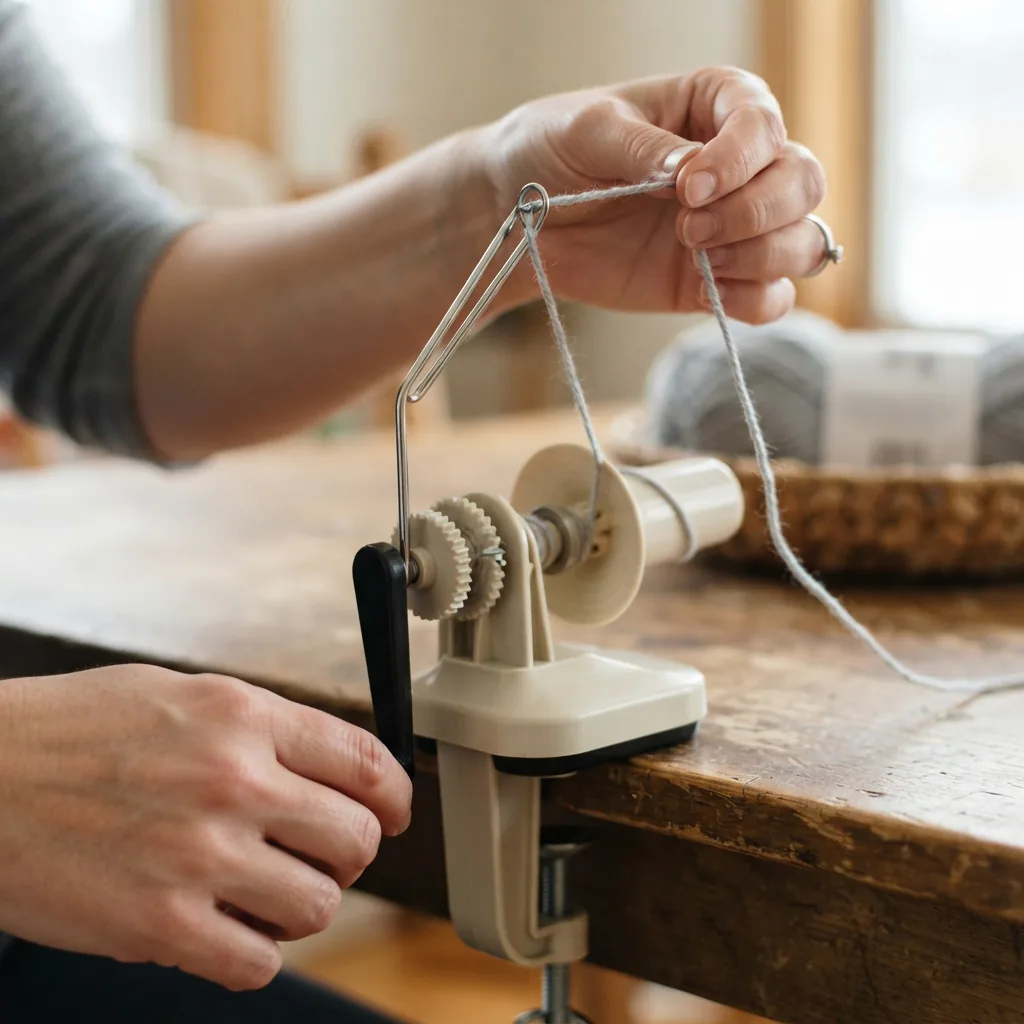 Yarn being threaded through the guide loop of the winder, with a hand turning the crank.