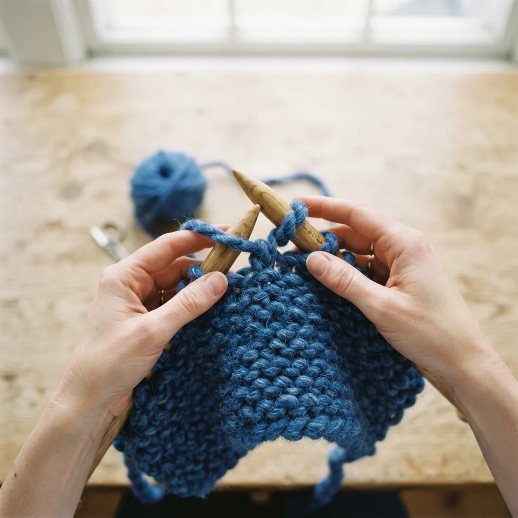 Hands wrapping chunky yarn around a large knitting needle to show thickness.