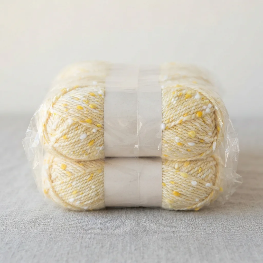 Three skeins of Loops & Threads Snuggly Wuggly yarn in the Daffodil Dots color pattern.