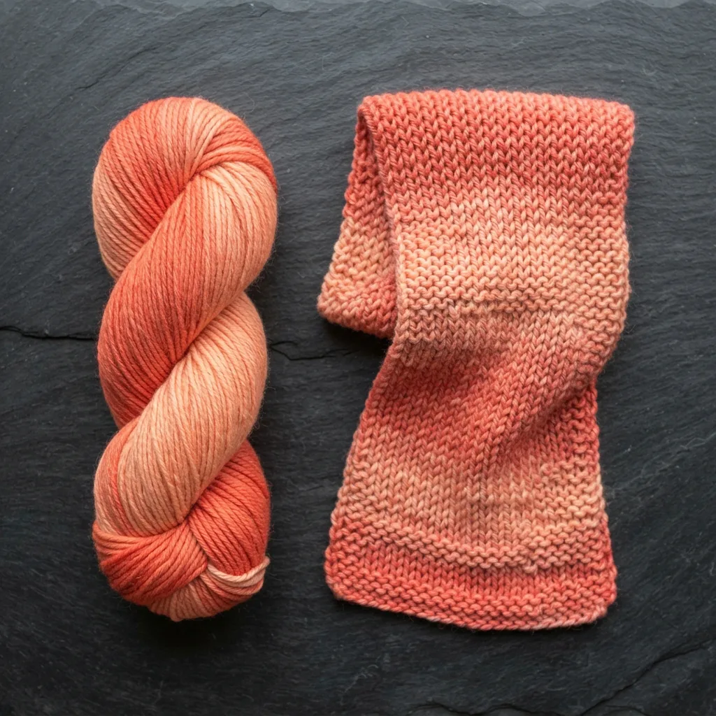 A skein of Loops & Threads Ombre Twirl Yarn in a coral-to-peach gradient, displayed with a knitted scarf.