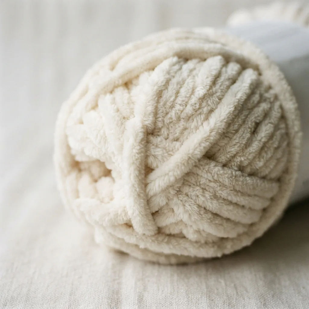 A skein of Sweet Snuggles Yarn, emphasizing its ultra-plush and soft appearance.