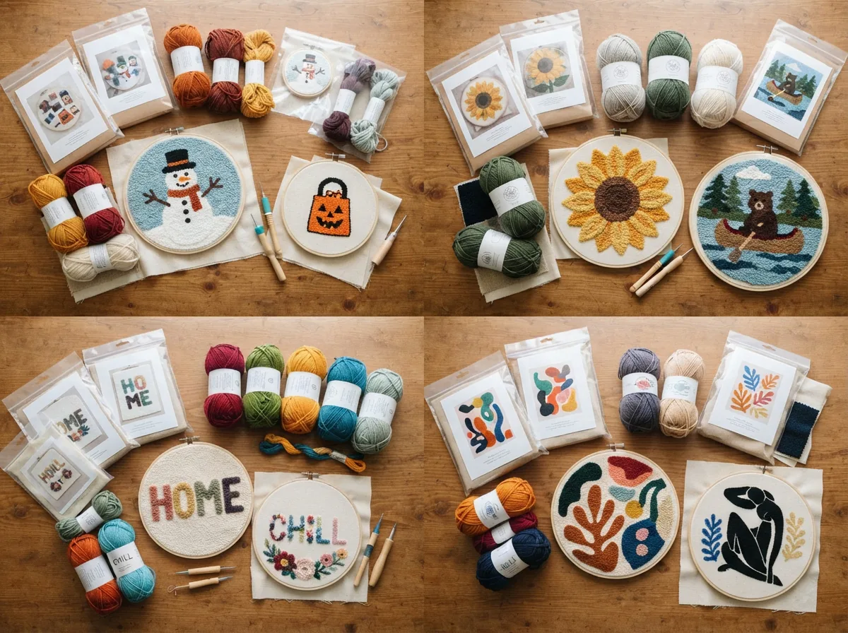 A categorized display of punch needle kits grouped by design theme: seasonal, nature, text, and abstract.