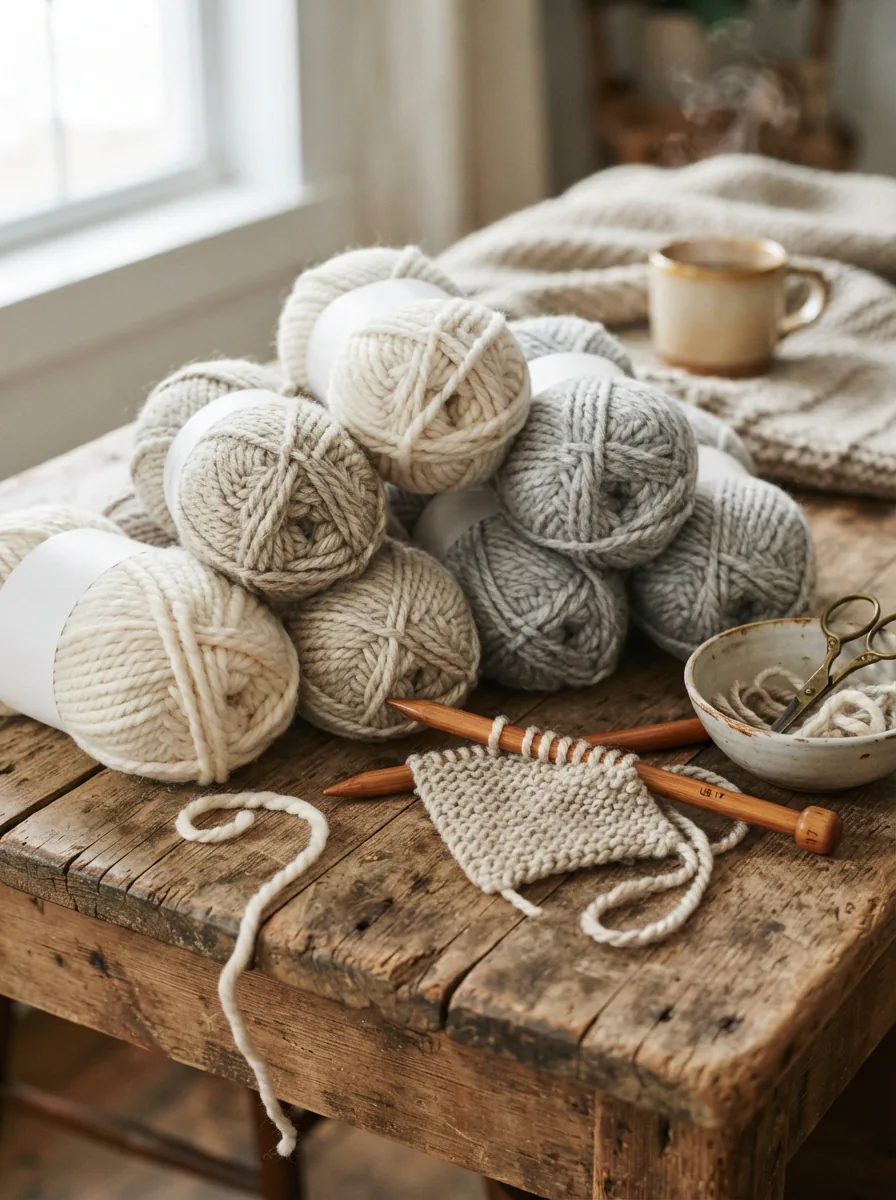 Artful arrangement of multiple Cozy Wool yarn skeins in various warm, natural colors.