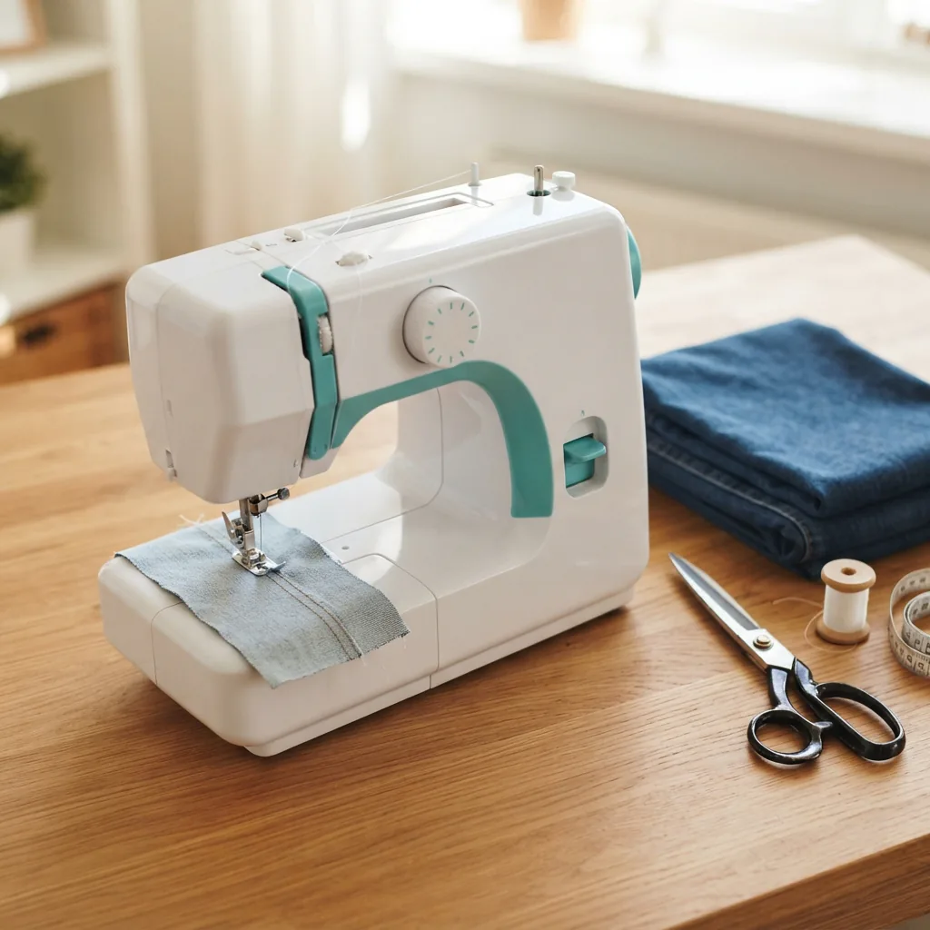 A small, portable sewing machine set up on a craft table with fabric and scissors nearby, suggesting simple mending projects.
