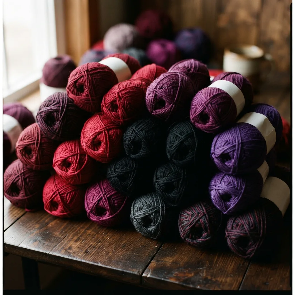Several skeins of Loops & Threads Impeccable Yarn in vibrant solid and near-solid colors like red and purple.