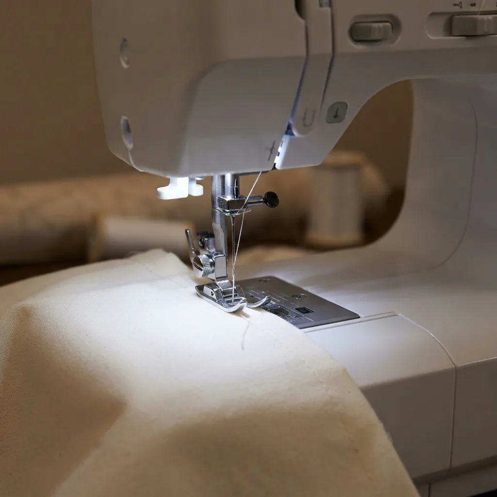 A sewing machine with its built-in LED light shining brightly on the needle plate and fabric area.