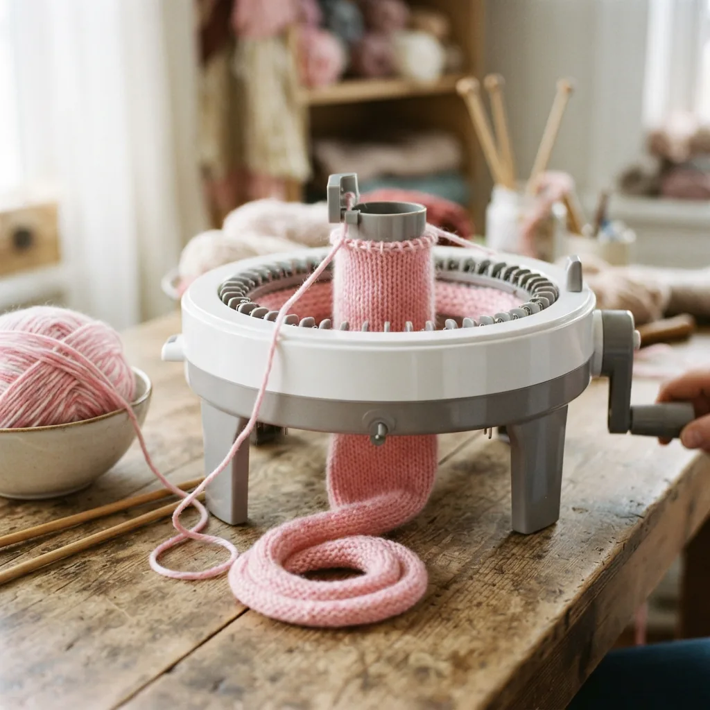 A Loops and Threads circular knitting machine with a pink yarn hat being knitted on it.