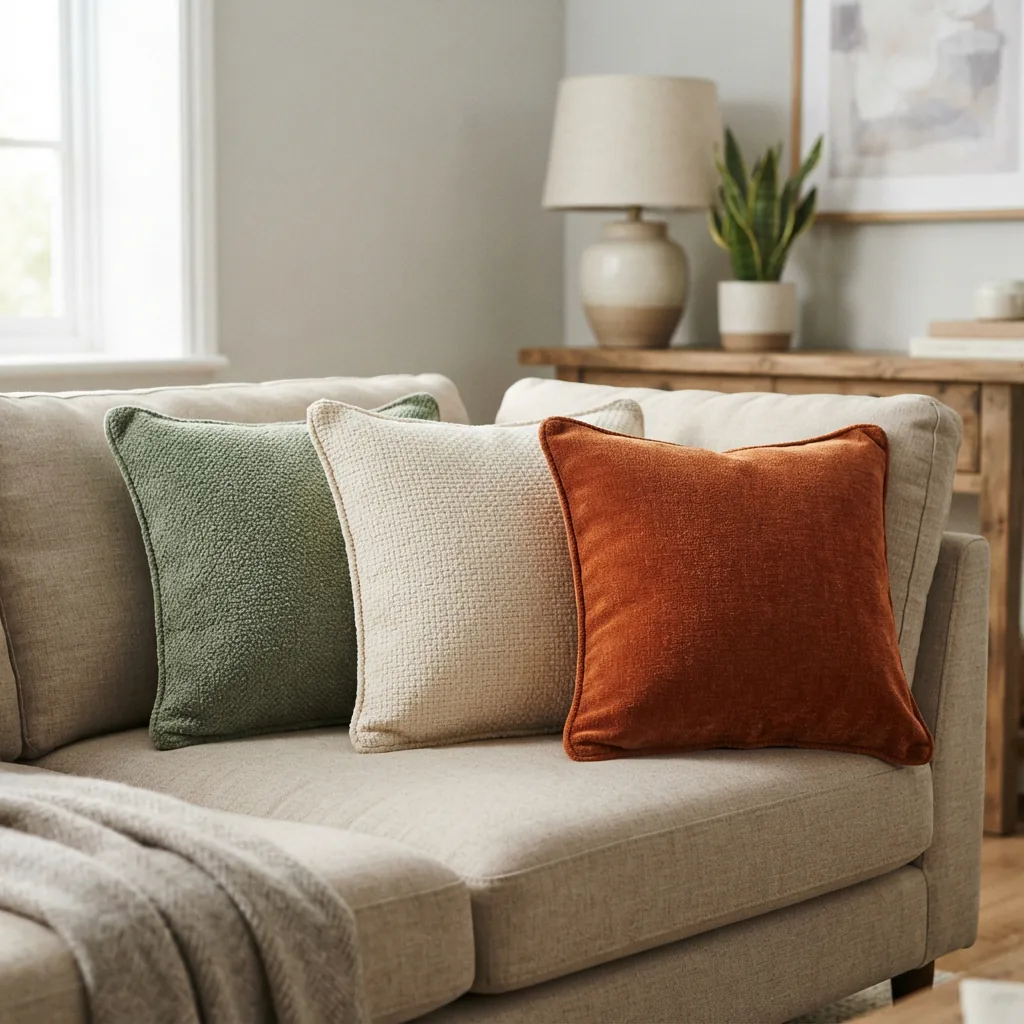 A set of three coordinating chenille throw pillows arranged on a neutral-toned sofa.