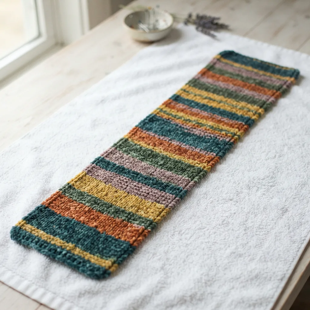 A freshly blocked chenille scarf laid flat on a towel to dry.