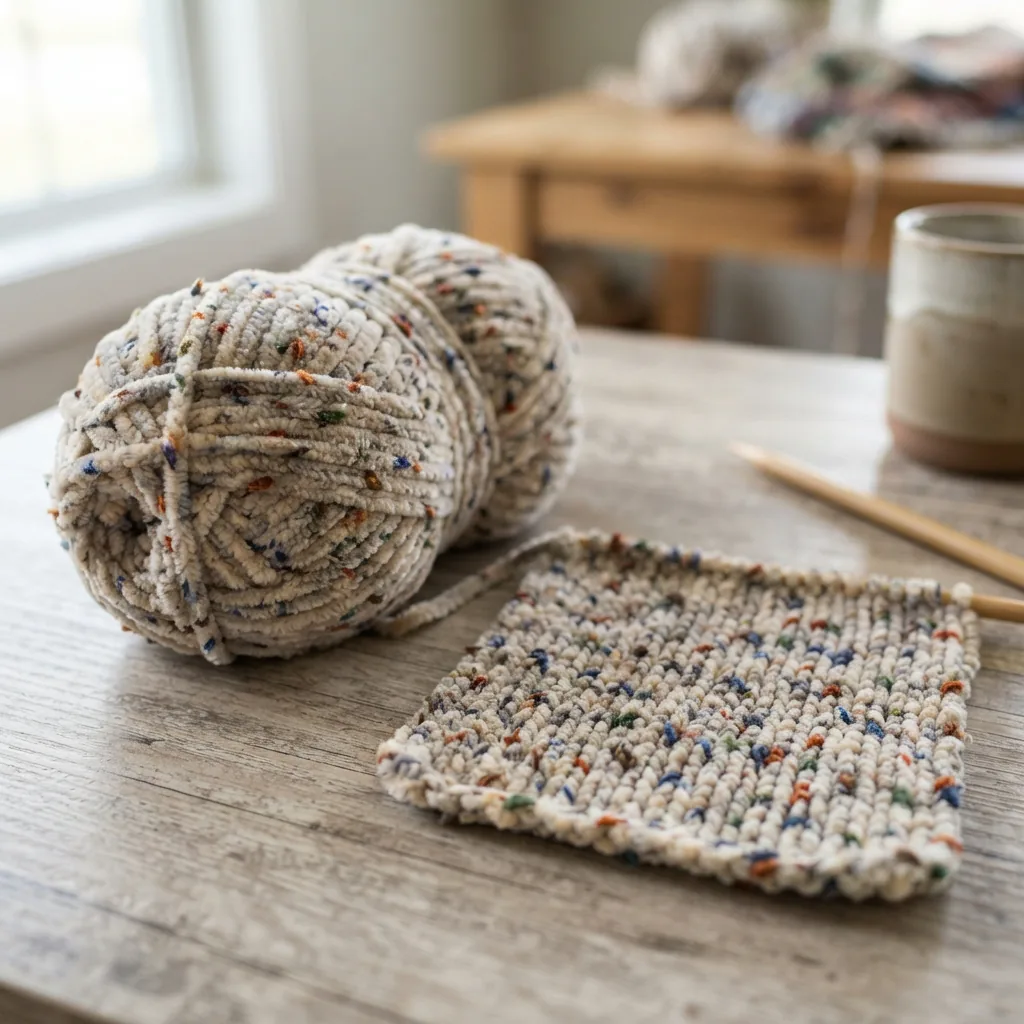 A skein of Loops & Threads Chenille Home Tweed yarn with flecks