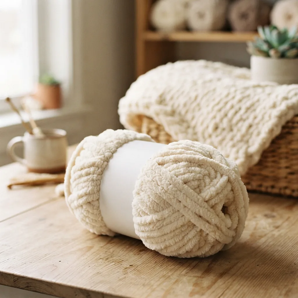 A single skein of Sweet Snuggles yarn with a baby blanket partially visible in the background.
