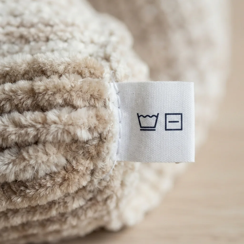 A close-up of soft chenille yarn fibers and a washing care label