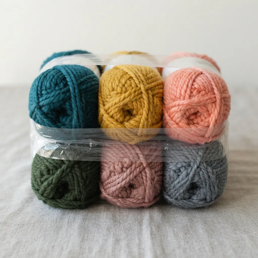 A stack of six assorted Loops & Threads Charisma Yarn skeins packaged together as a bulk value pack.