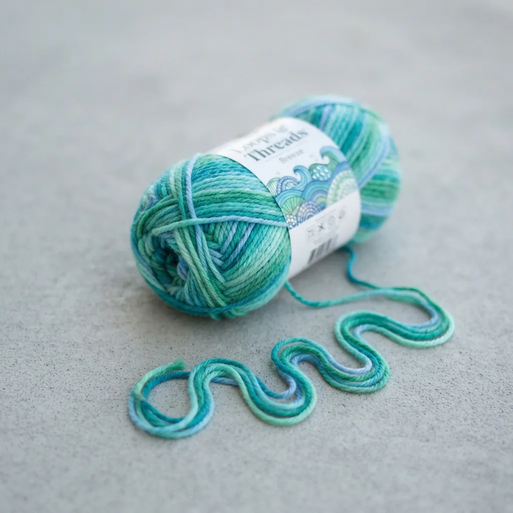 A ball of Barcelona Yarn in the Breeze colorway showing its blue and green self-striping pattern.