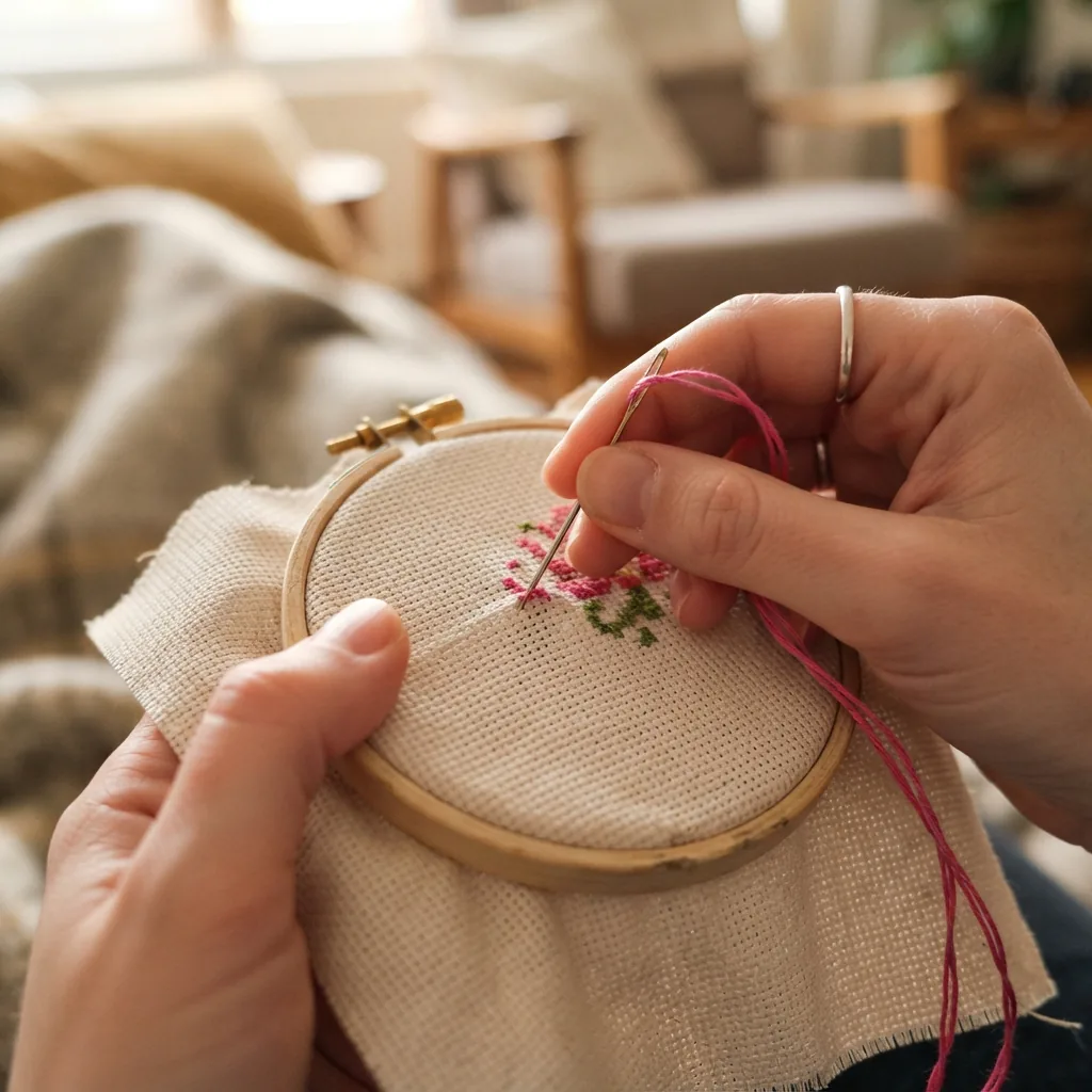 A close-up of a hand stitching a cross stitch project in a calm setting.