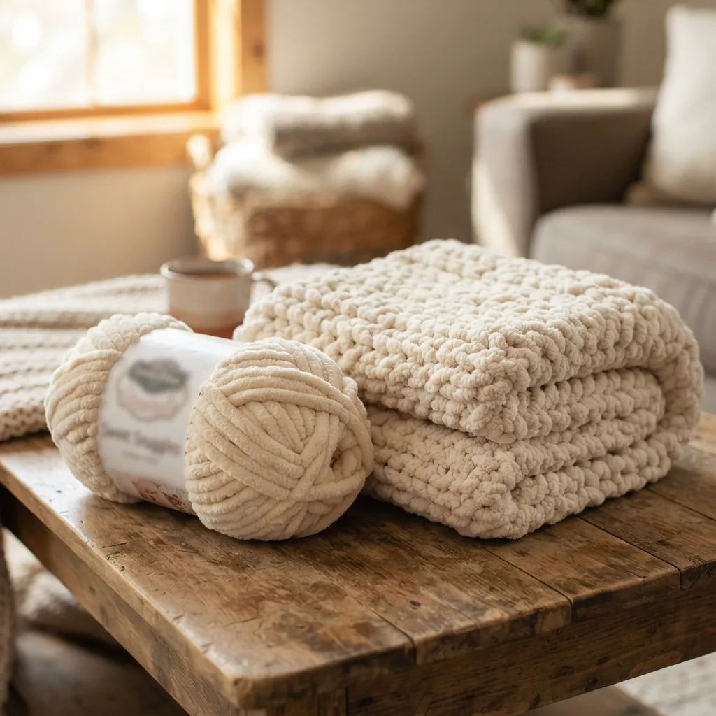 A skein of chunky weight Sweet Snuggles yarn next to a finished thick throw blanket.