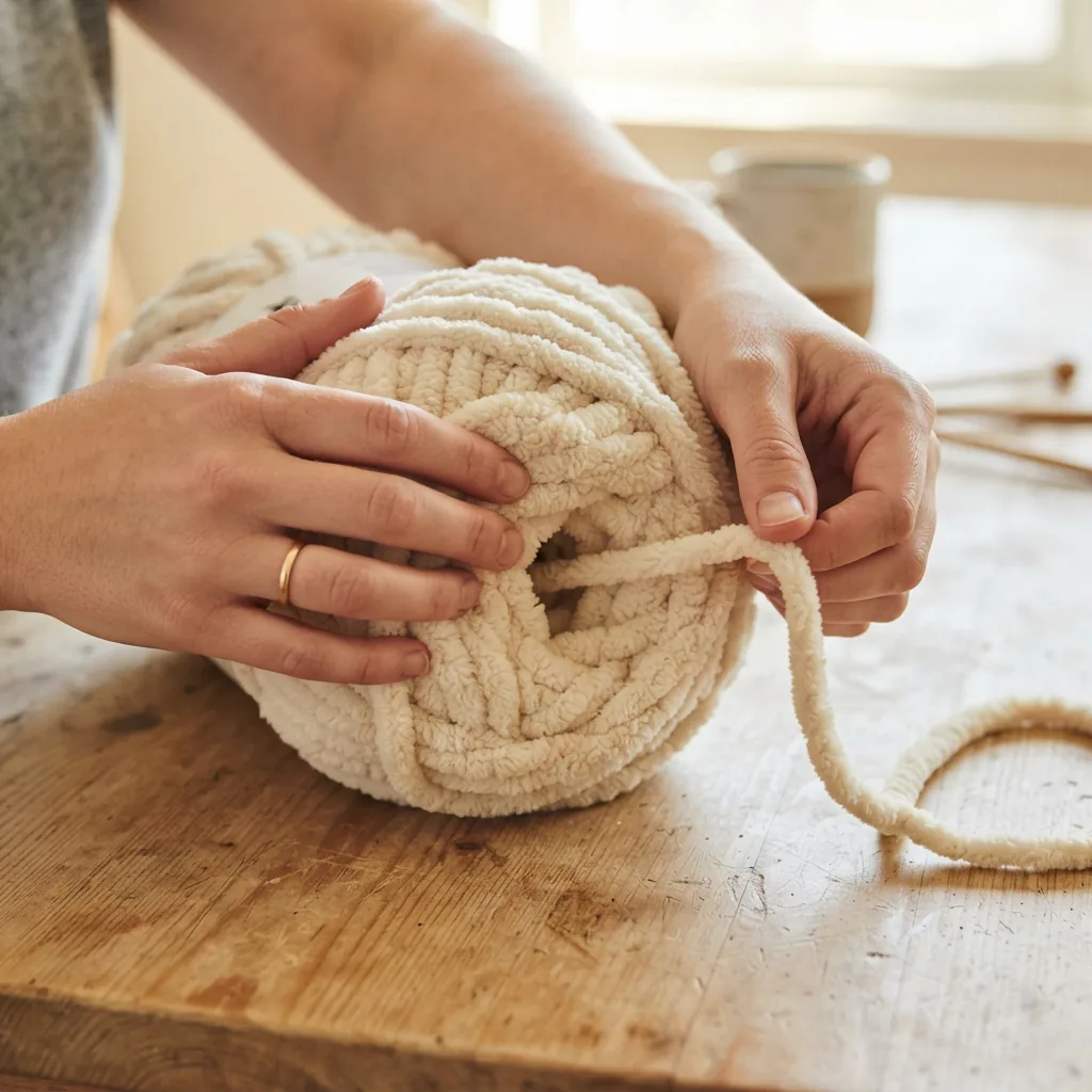 Hands gently pulling the yarn end from the center of the skein.