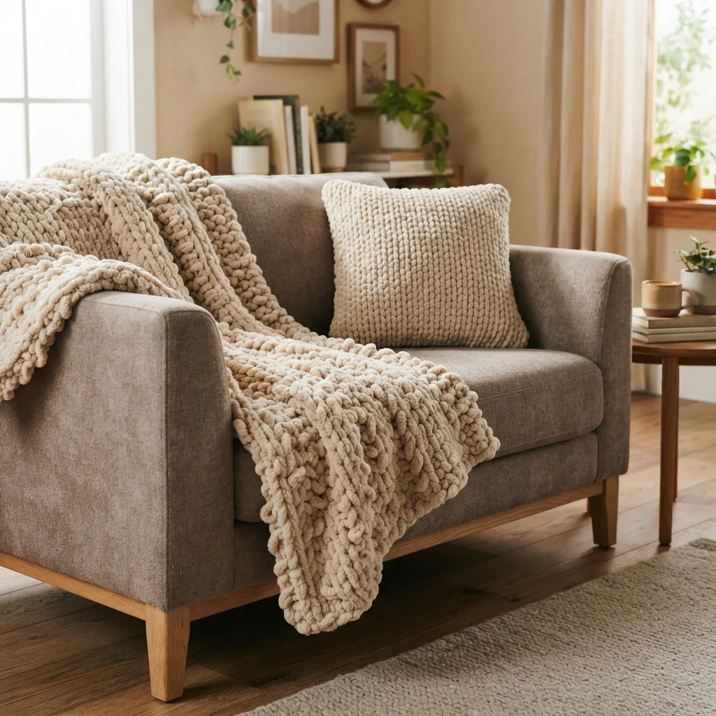 A cozy blanket and pillow made with chenille yarn on a sofa