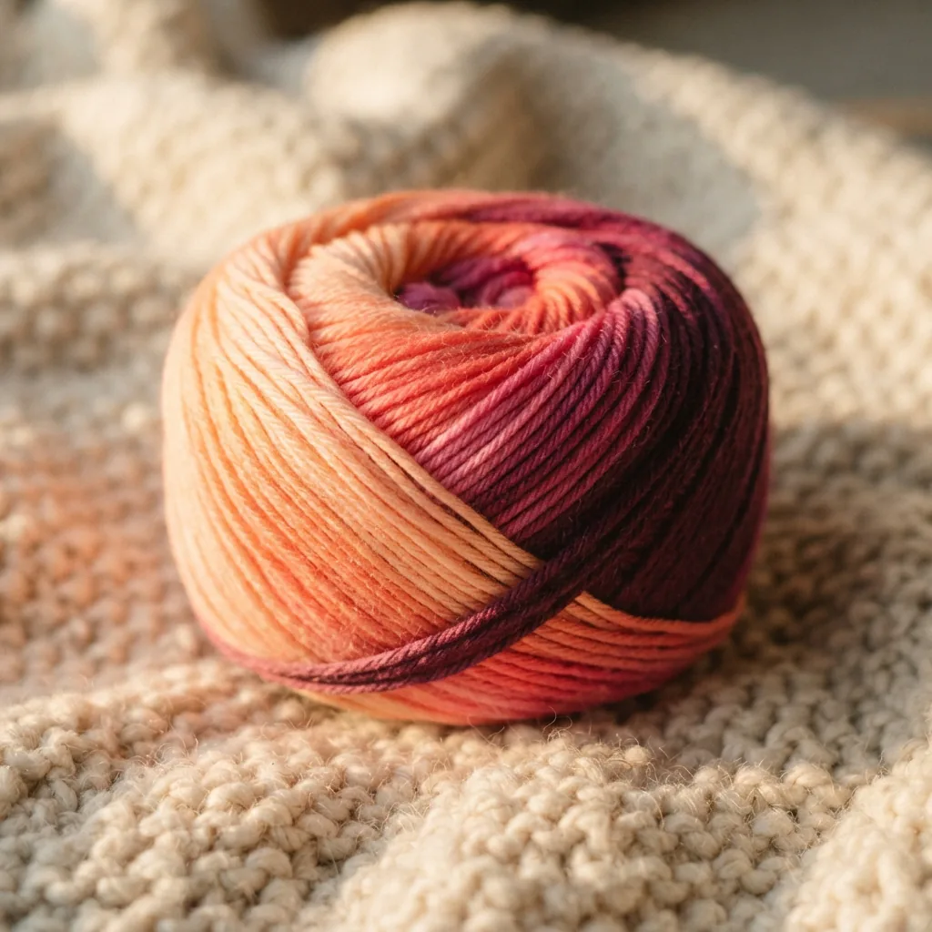 A skein of Loops & Threads Sunset Sky Ombre Yarn in a peach-to-burgundy gradient, shown with a crocheted blanket.
