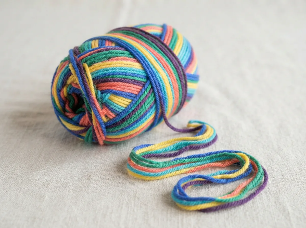 A skein of Impeccable Stripes yarn with its colorful, striped pattern prominently displayed.