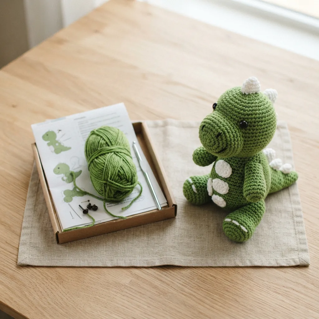 The Loops & Threads Dinosaur Kit with green yarn and a finished crochet dinosaur.