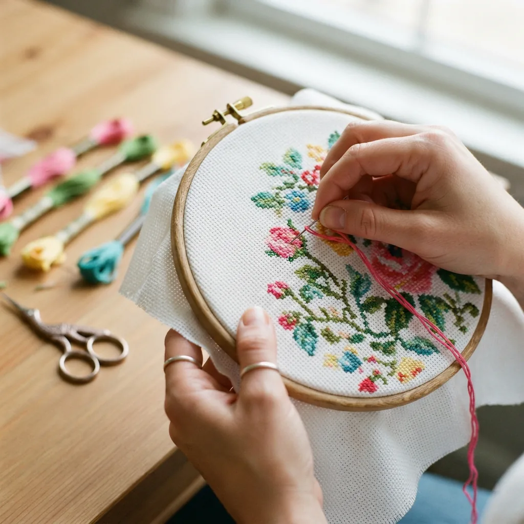 A piece of fabric in an embroidery hoop with a colorful cross-stitch pattern being stitched with Loops & Threads floss.