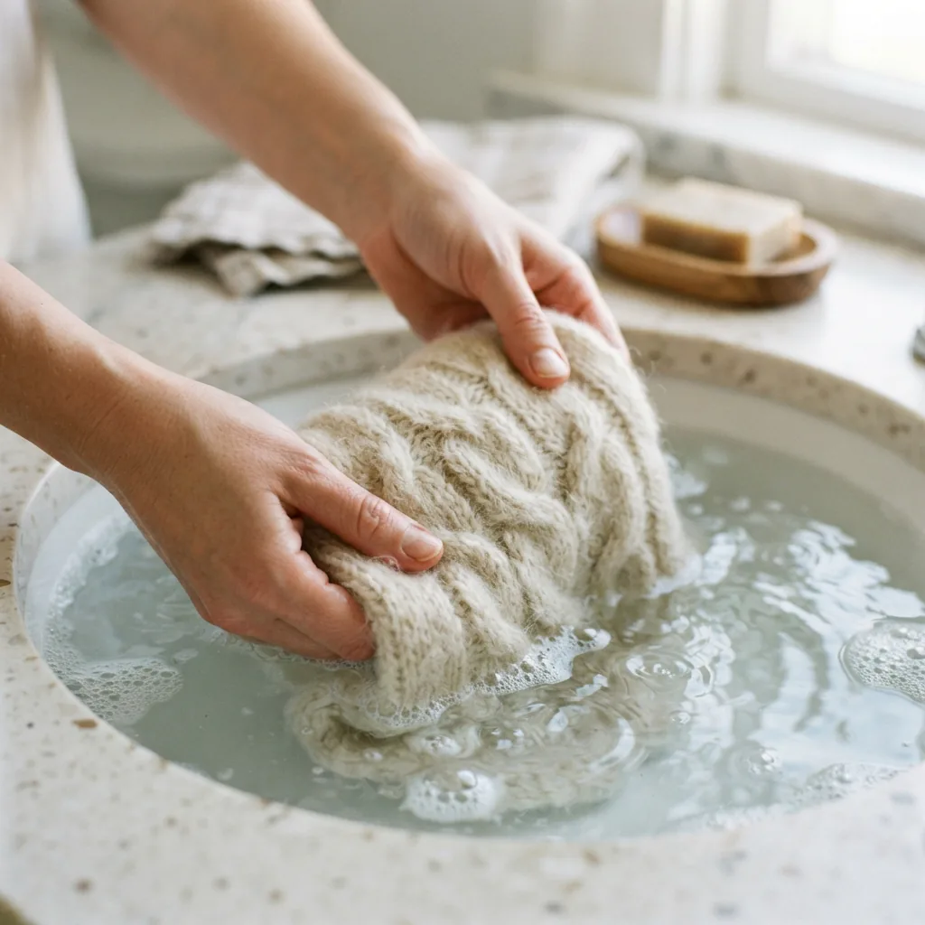 Hands gently submerging a knitted cowl in a basin of cool, soapy water.