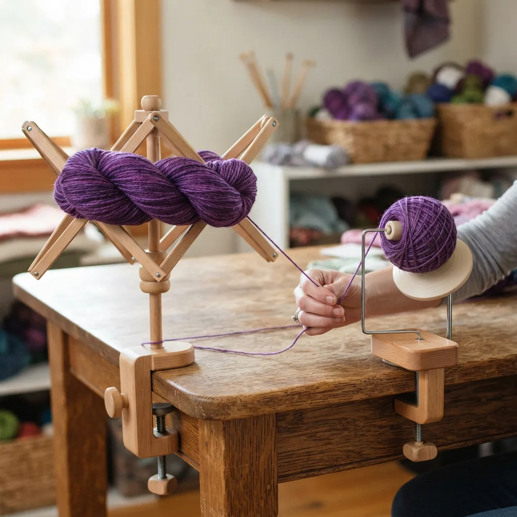 A yarn swift clamped to a table, holding a skein of purple yarn that is being wound into a ball.