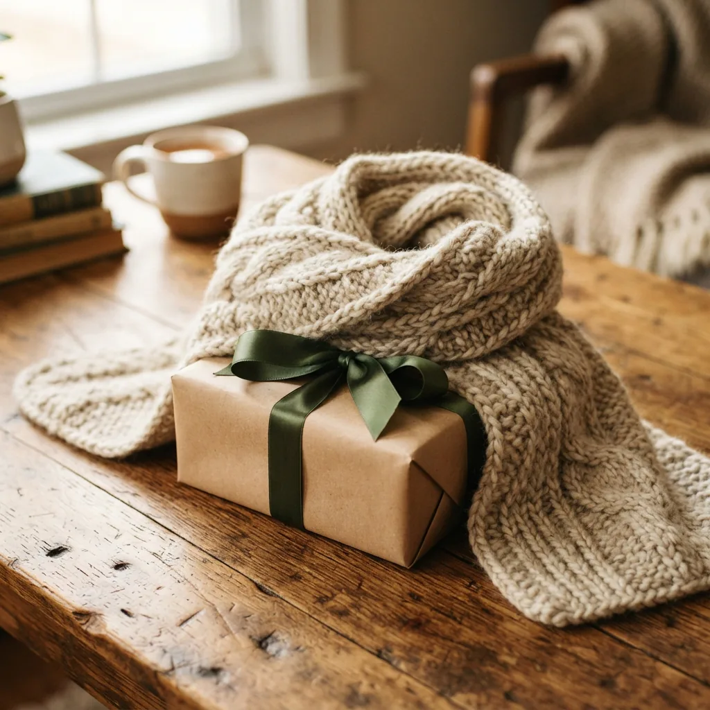 A hand-knit scarf in a bulky yarn draped over a gift box, implying a handmade gift.