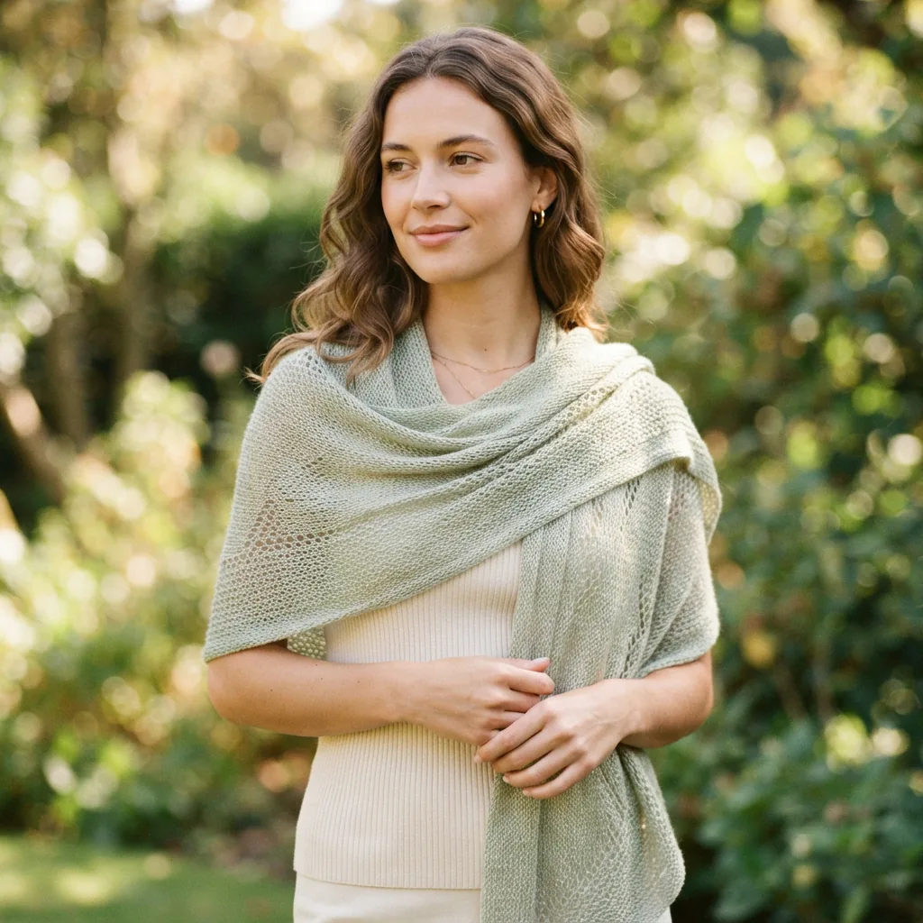 A person wearing a lightweight, shiny shawl knitted with Soft & Shiny yarn.