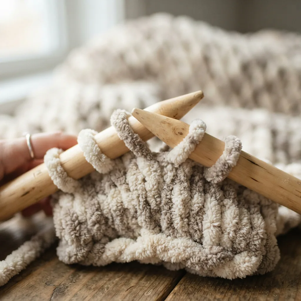 A close-up of large knitting needles working a few stitches with the bulky yarn.