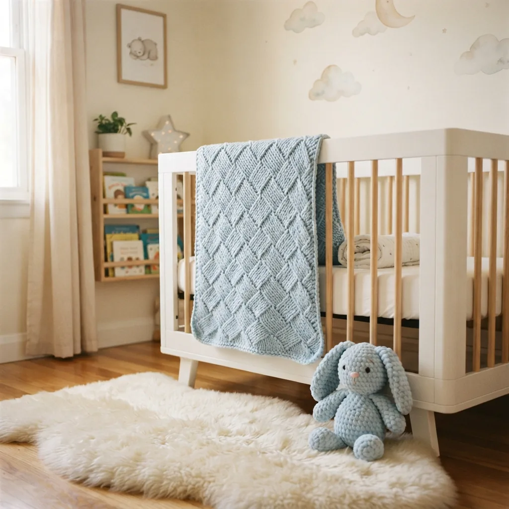 A handmade baby blanket and a small stuffed animal made from the yarn, arranged in a nursery setting.