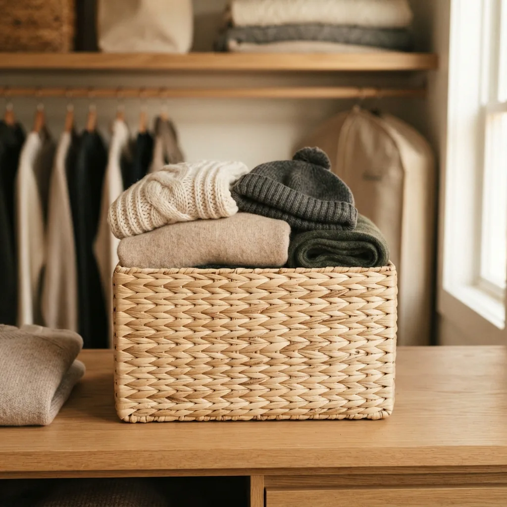 Neatly folded knitwear stored inside a woven basket.