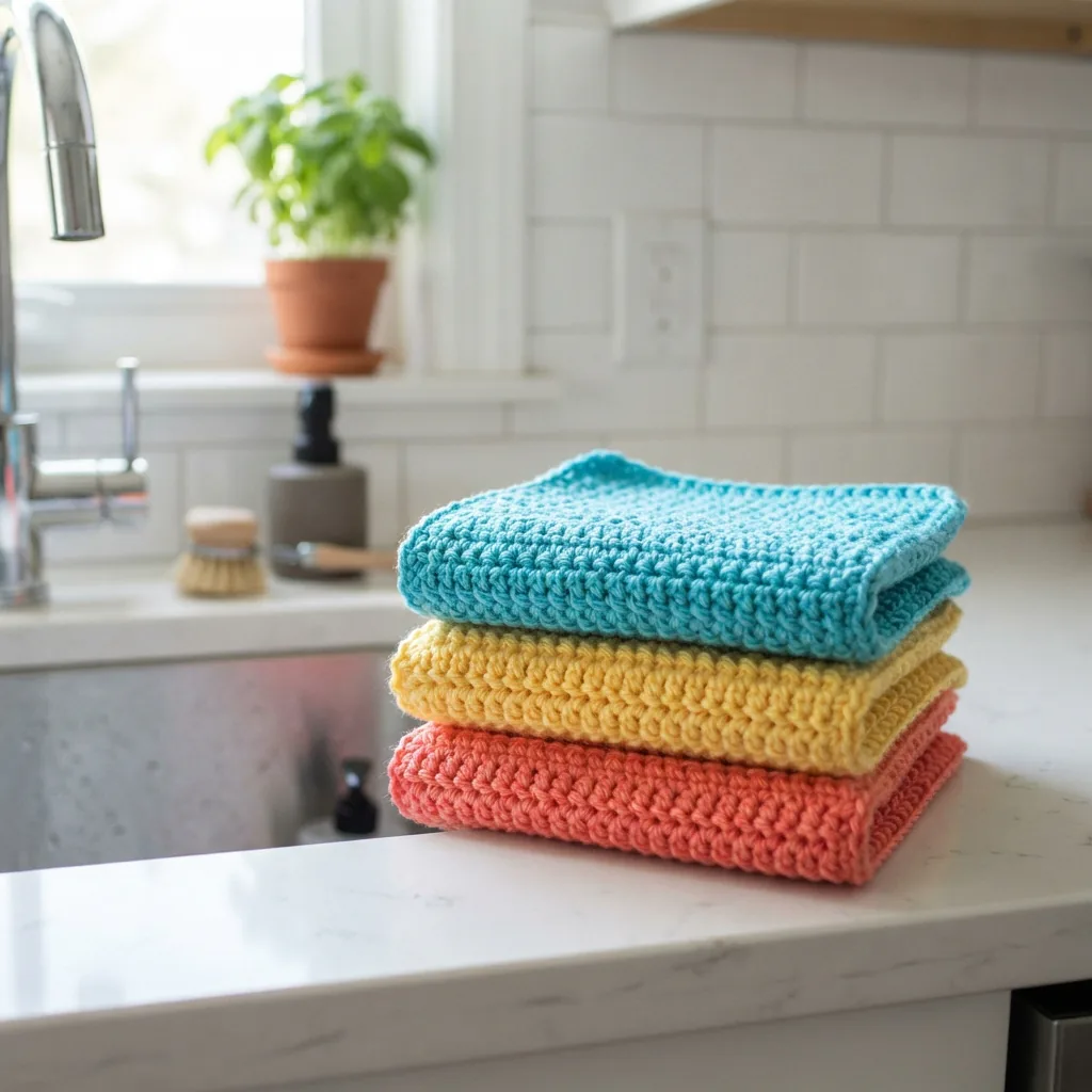 A set of colorful, shiny dishcloths made from Soft & Shiny yarn on a kitchen counter.