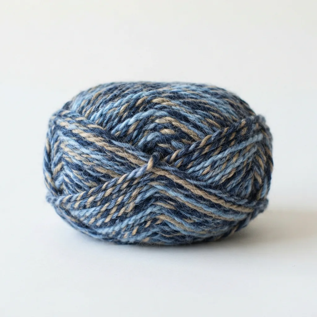 A skein of Loops & Threads Multi Marled yarn in the Blueberry color blend, shown on a white surface.