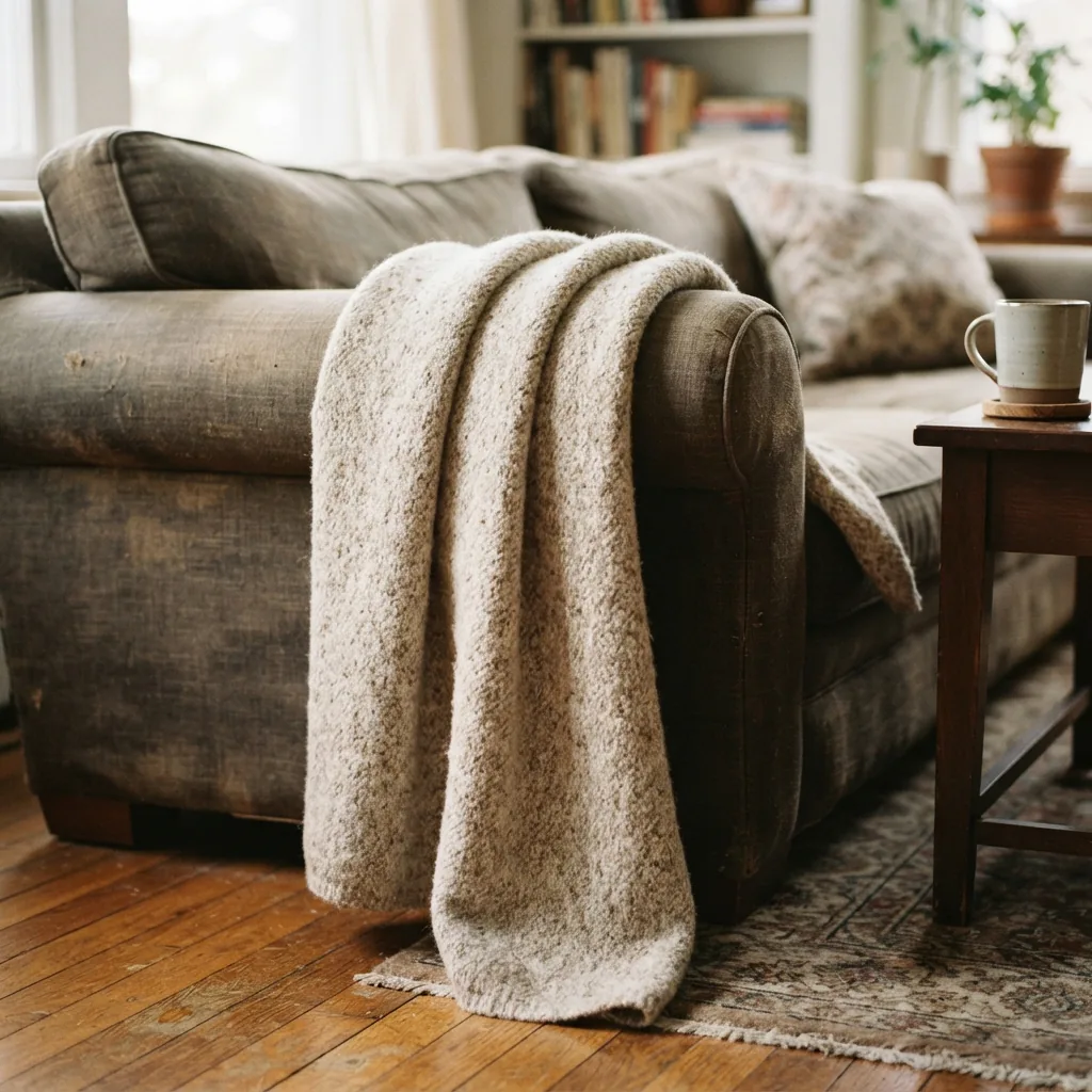A cozy throw blanket draped over a sofa.