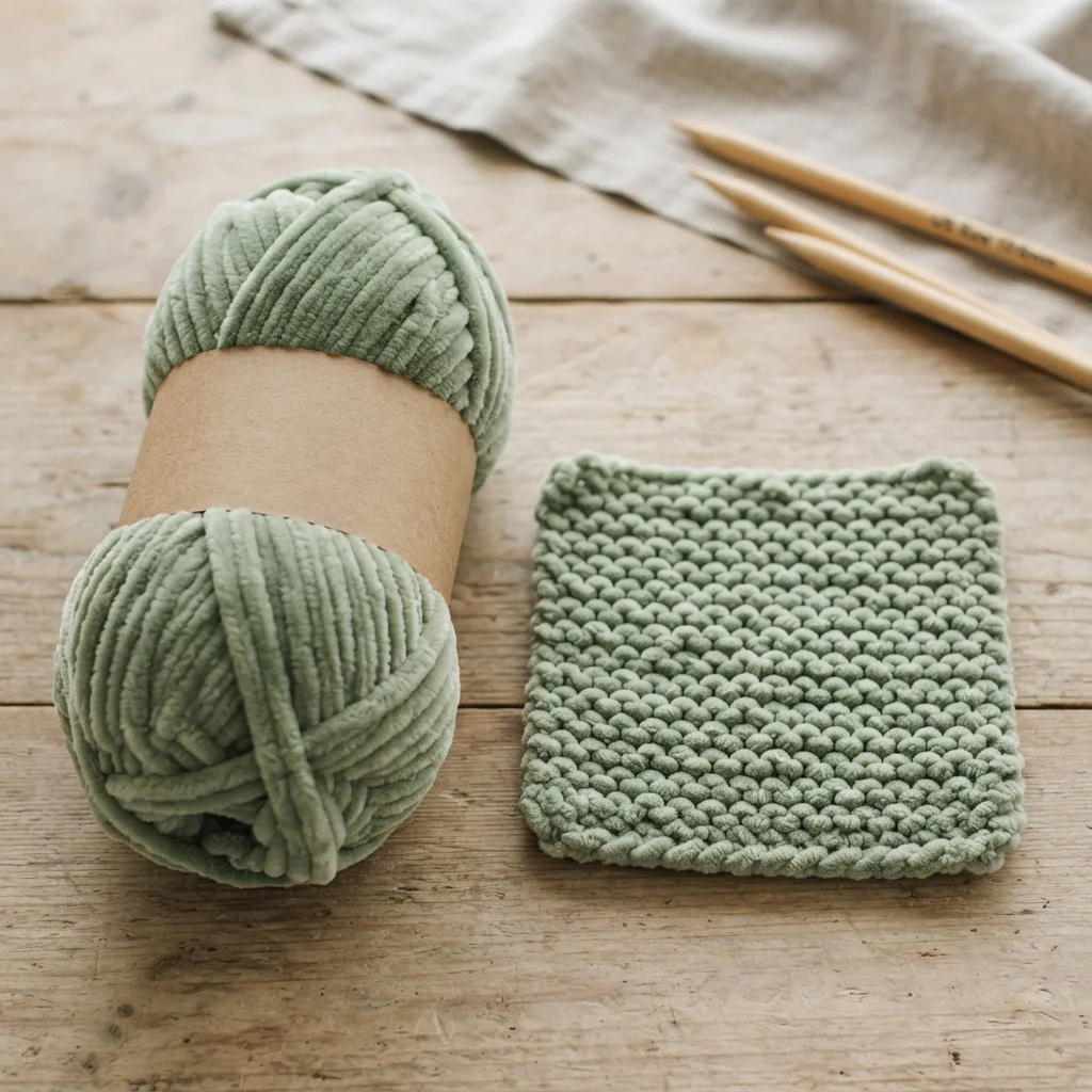 A skein of Loops & Threads Cuddly Chenille Eco yarn