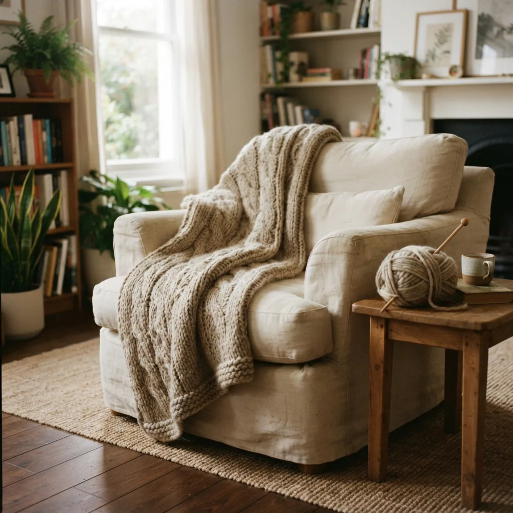 A finished knitted blanket draped over the arm of a chair, showcasing its soft texture.
